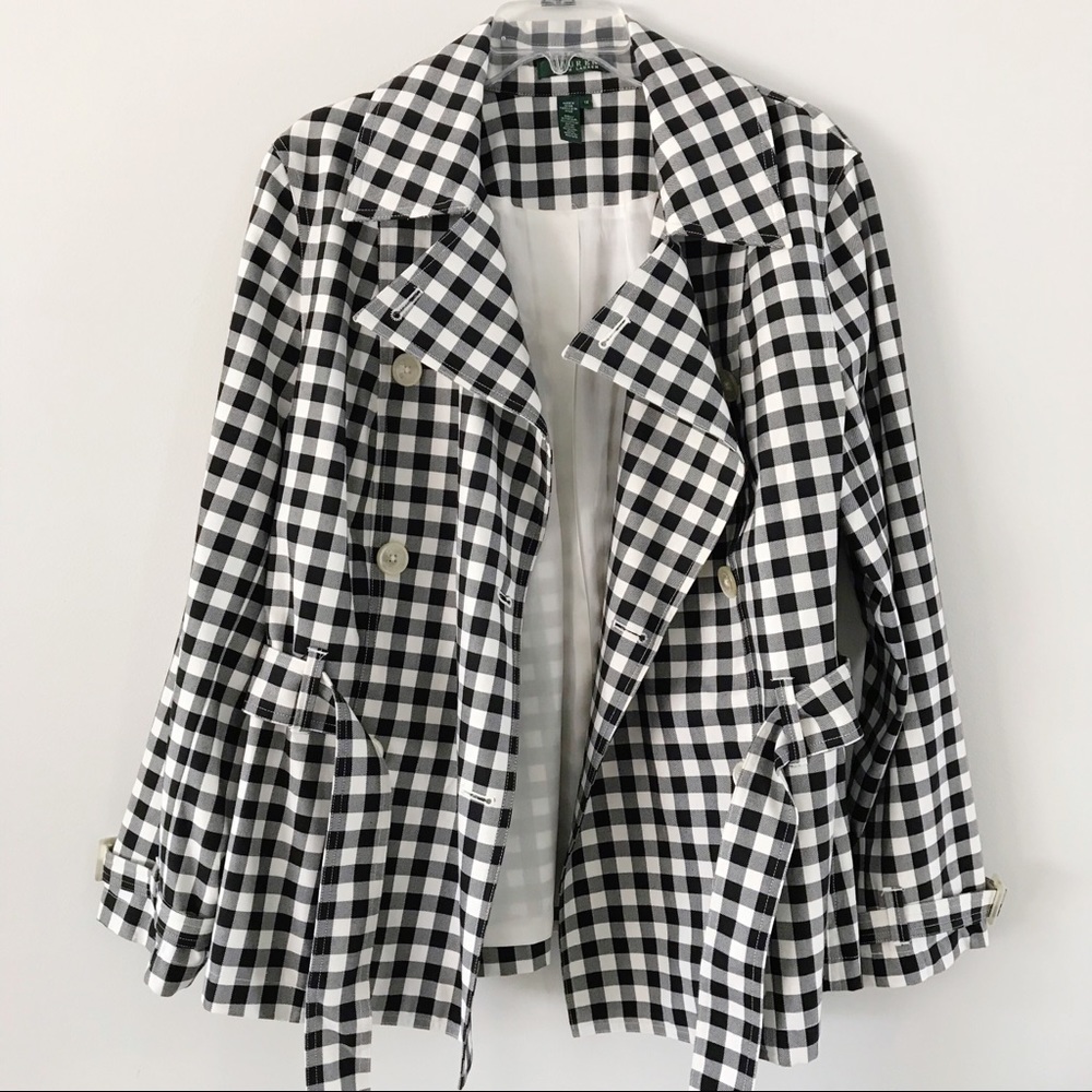 LAUREN RALPH LAUREN Black and White Check Trench Coat Plus 1X